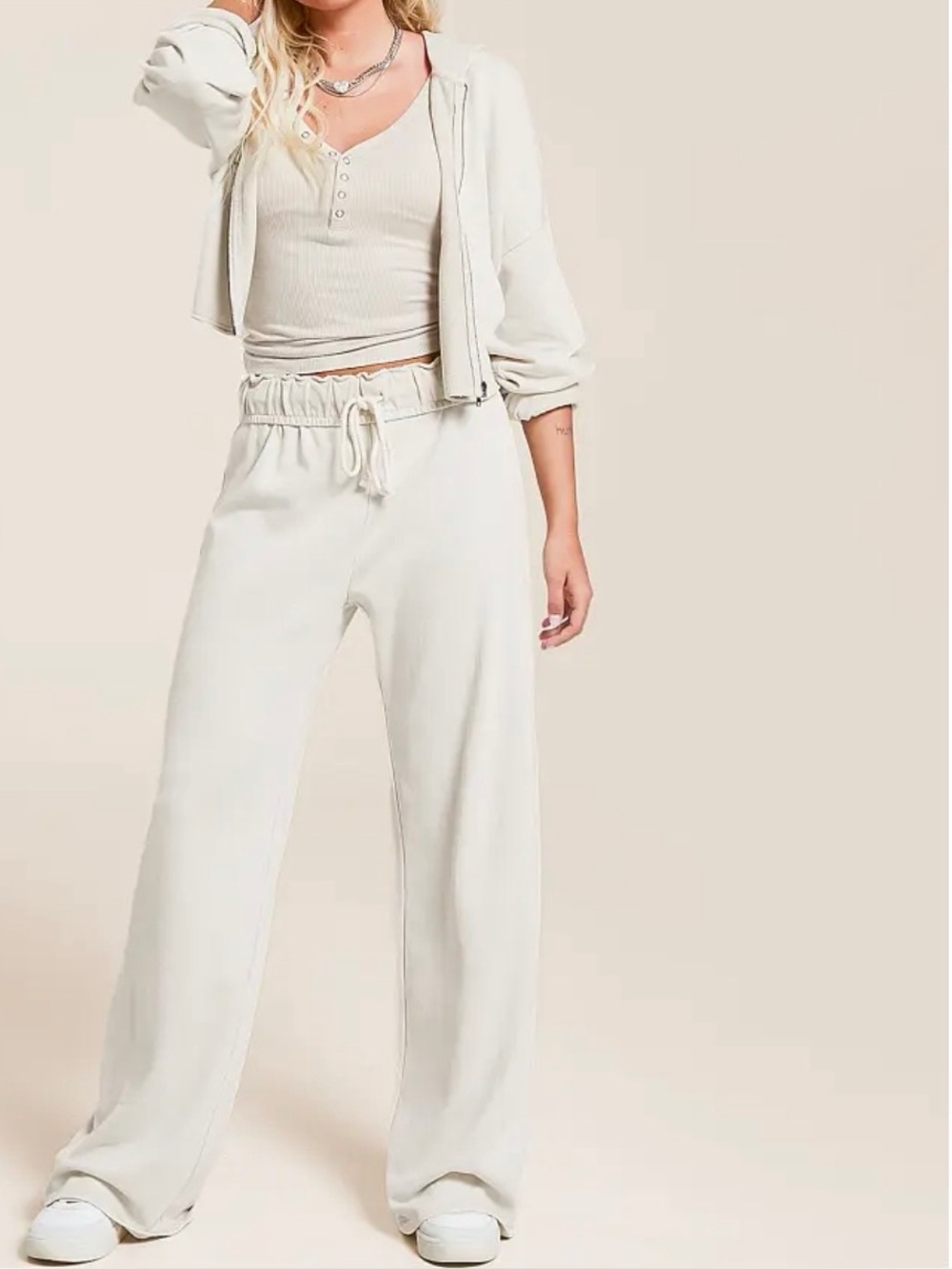 Gilded Intent Set Washed Knit Cropped Hoodie and Wide Leg Pant Color: Stone Tile